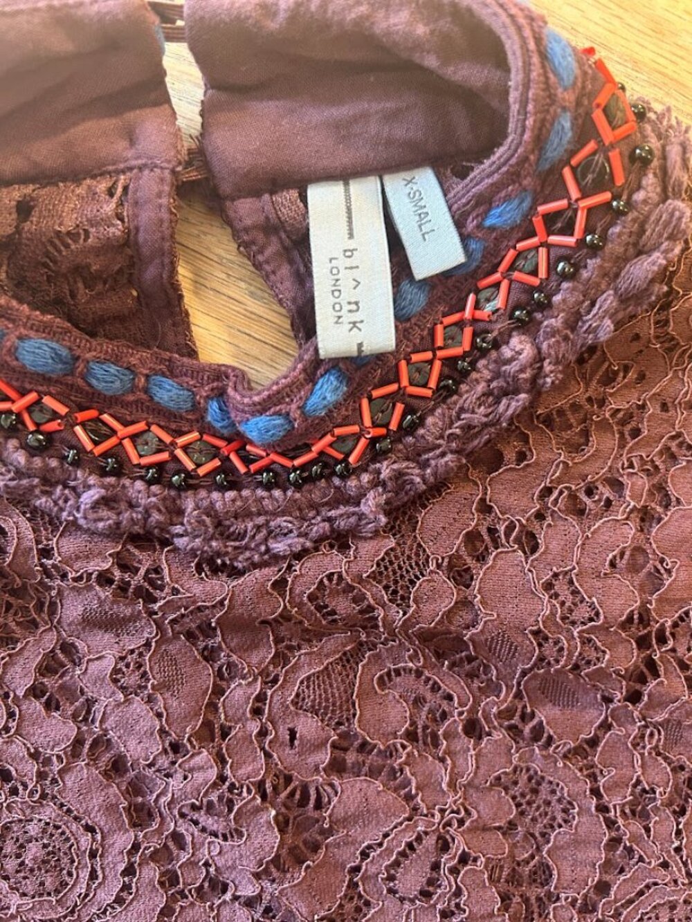 Bl^nk London Anthropologie Purple Lace Beaded Cuff Top XS Boho India - Picture 6 of 12